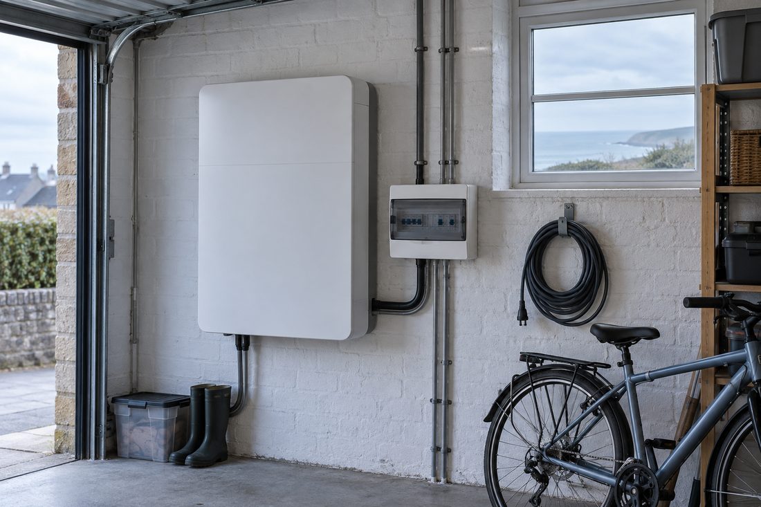 White wall-mounted home battery next to a small consumer unit on a whitewashed garage wall, with a bicycle and a coiled cable