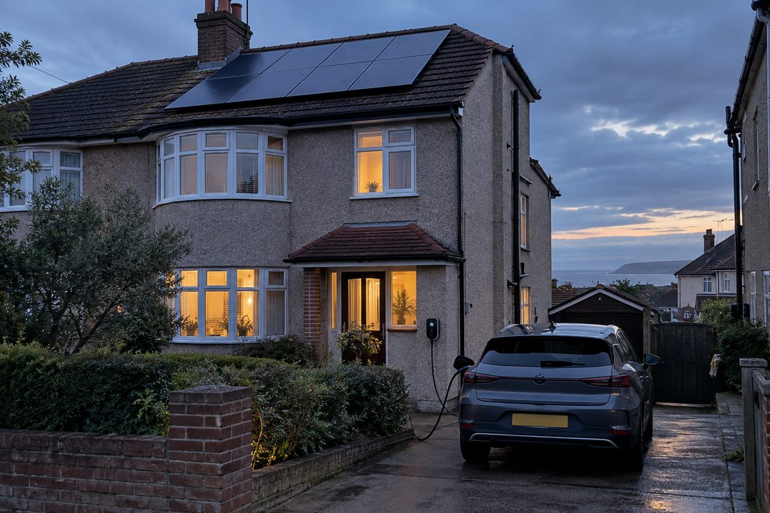 Electric car charging on the driveway of a pebble-dash 1930s semi-detached house with solar panels on the roof at dusk