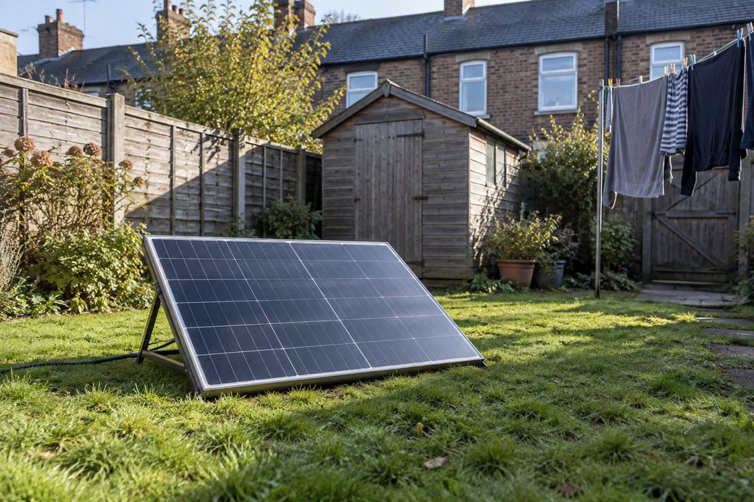 Single freestanding plug-in solar panel on a low frame on the lawn of a small terraced-house garden, with a fence, a shed and a washing line