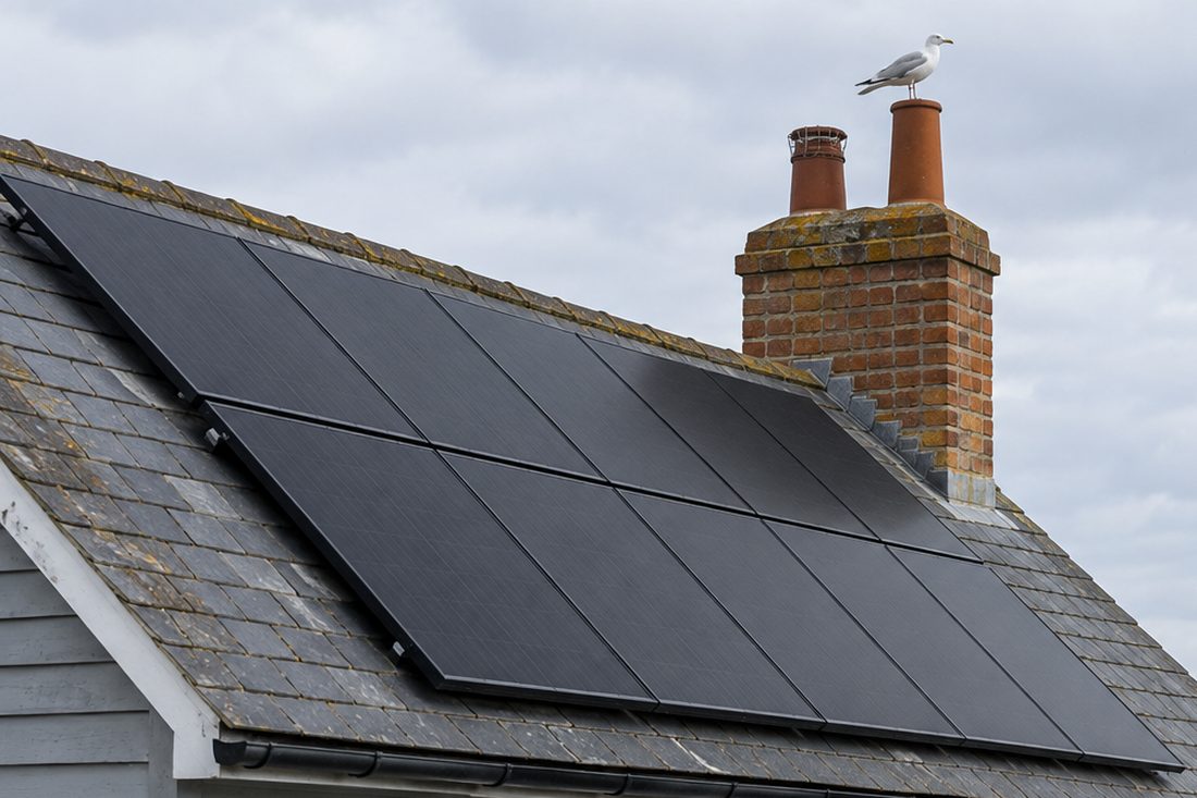 Black solar panels on a grey slate roof of a timber-clad seaside house beside a brick chimney stack, with a gull on the chimney and the shore beyond